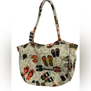 Rina Bahamas Flip Flop Pattern Canvas Tote Beach Bag Zipper Top